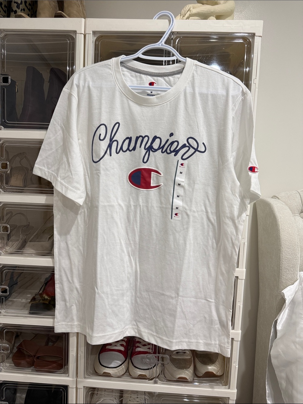 Champion White Short-Sleeve Tee with Navy Script and Red Logo